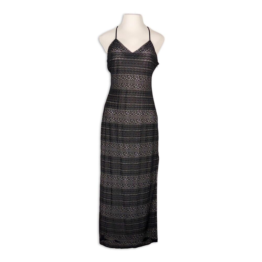 Vintage Reggio Black Lace Maxi Dress Size 12 Sheer Y2K 90s Criss Cross Back Slit